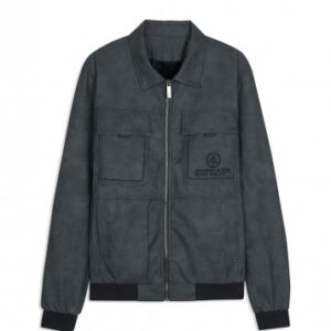 Áo khoác da ghi xám 2 túi hộp in chữ ngực trái